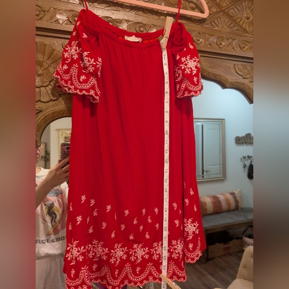 Altar'd State- Red Off-Shoulder Dress Or Tunic with White Embroidery - Picture 13 of 16